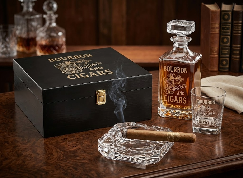 Luxury Bourbon & Cigars Whiskey Decanter Set – Personalized 3-Piece Glass Gift Box