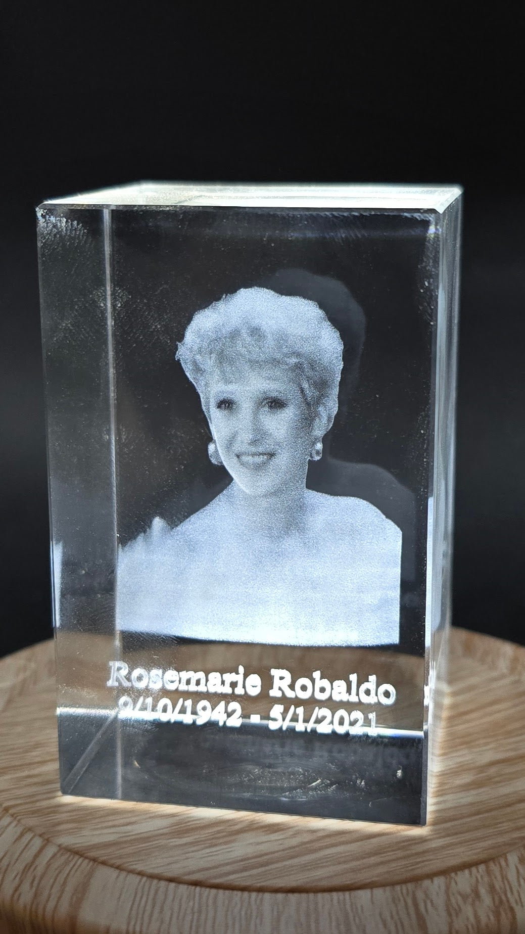 Personalized 3D photo crystal keepsake, 100mm tall by 60mm wide