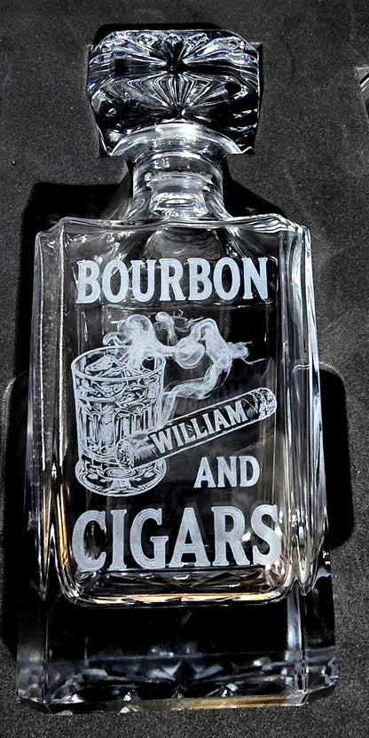 Luxury Bourbon & Cigars Whiskey Decanter Set – Personalized 3-Piece Glass Gift Box