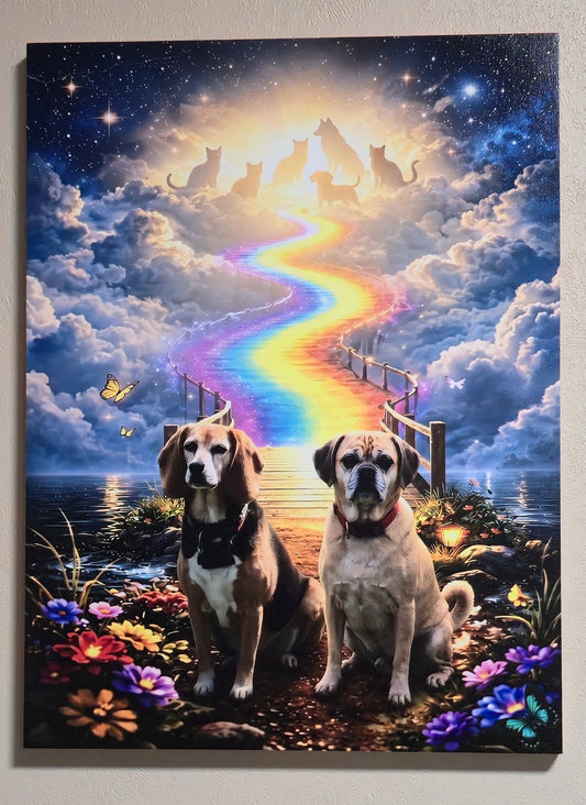 Personalized 12x16 Rainbow Bridge cradled wood gallery memorial print — ready-to-hang custom pet memorial