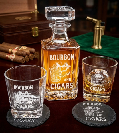 Luxury Bourbon & Cigars Whiskey Decanter Set – Personalized 3-Piece Glass Gift Box